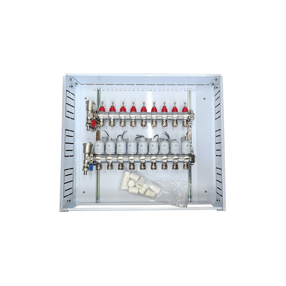 Grindinio šildymo kolektorius 9 kontūrų su terminėmis pavaromis NC AC230V ir debitomačiais