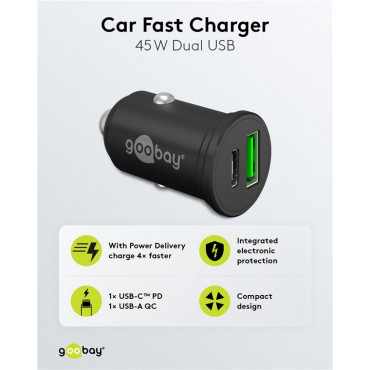 Goobay 61739 Dual-USB Car Fast Charger USB-C PD, 45 W