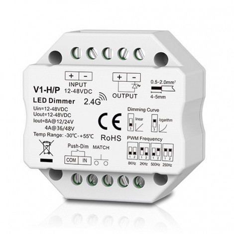 V1-H/P nuolatinės įtampos valdiklis, 12-48V, 1x 8A, Push-Dimm