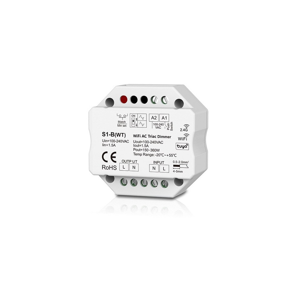 S1-B(WT) vieno kanalo 230V valdiklis, TRIAC, Push-Dimm, Tuya, Wi-Fi