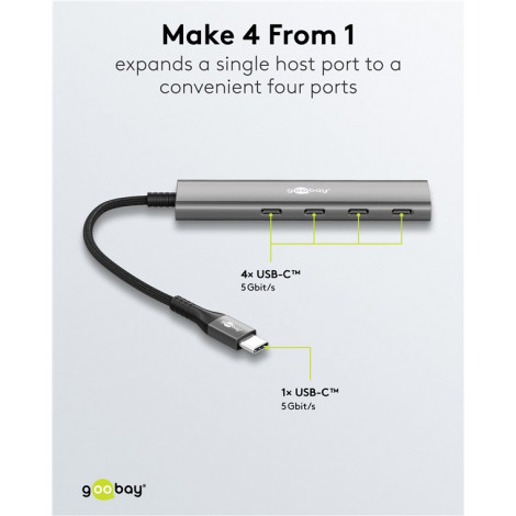 Goobay 76564 Slim 4-Port USB-Hub, USB-C auf USB-C , 5 Gbit/s, Grey