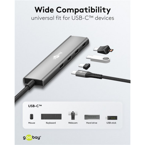 Goobay 76564 Slim 4-Port USB-Hub, USB-C auf USB-C , 5 Gbit/s, Grey