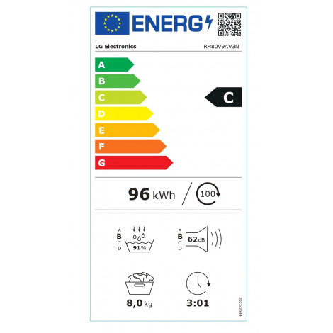 LG RH80V9AV3N Dryer Machine, C, Front loading, 8 kg, LED, Depth 66 cm, Wi-Fi, White | LG