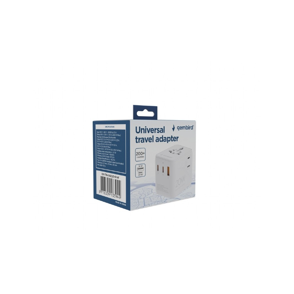 Gembird TPA-1A2C20-01-W Universal travel power adapter, 20 W, white | Gembird