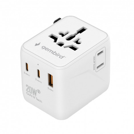 Gembird TPA-1A2C20-01-W Universal travel power adapter, 20 W, white | Gembird