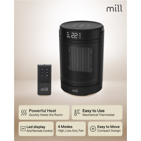 Mill FH1500BLACK | Ceramic fan heater | 1500 W | Suitable for rooms up to 22 m | Black