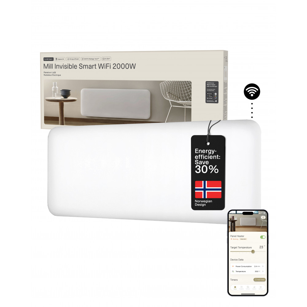 Mill Invisible Smart WiFi Heater | PA2000WIFI4 | Panel Heater | 2000 W | Suitable for rooms up to 24-28 m | White | IPX4
