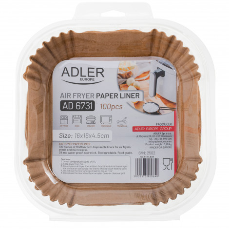 Adler | Paper Liners for Air Fryer | AD 6731 | 100 | Dimensions (W x L) 16 x 16 x 4.5 cm