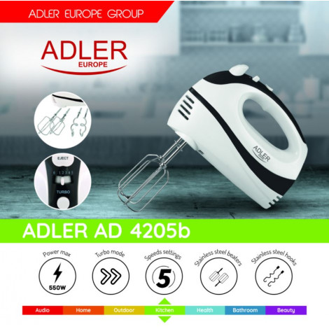 Adler | Mixer | AD 4205 b | Hand Mixer | 300 W | Number of speeds 5 | Turbo mode | White/Black