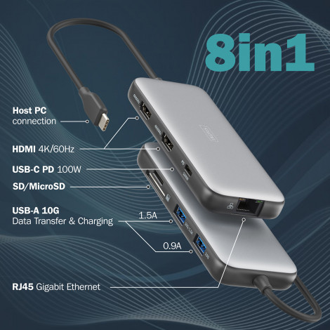 Digitus USB-C docking station, 8-port | DA-70915 | Ethernet LAN (RJ-45) ports 1 | HDMI ports quantity 2