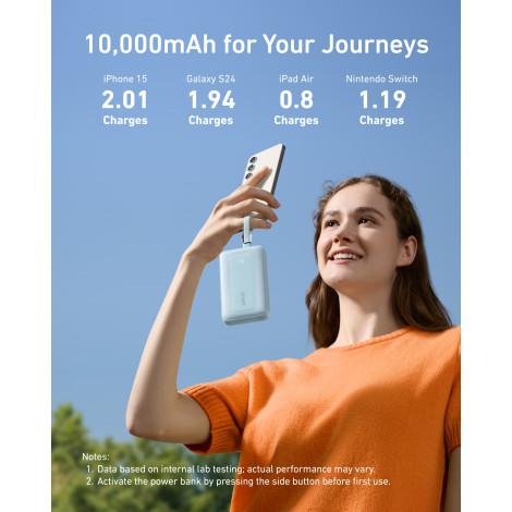 Anker Power Bank with Built-In USB-C and + Lighting Cable | A1680031 | 10000 mAh | 30W | Blue