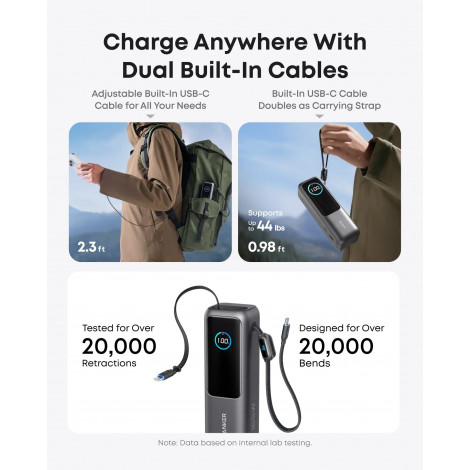 Anker Zolo Powerbank | A1695H11 | 25000 mAh | Built-In USB-C and Retractable Cable) | Grey