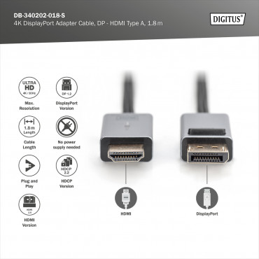 Digitus 4K DisplayPort Adapter Cable, DP - HDMI Type A | DB-340202-018-S | 1.8 m