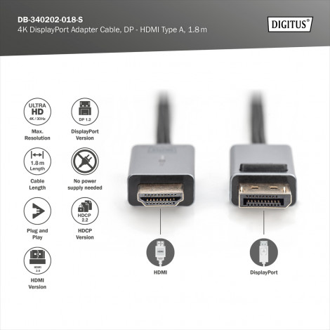 Digitus 4K DisplayPort Adapter Cable, DP - HDMI Type A | DB-340202-018-S | 1.8 m