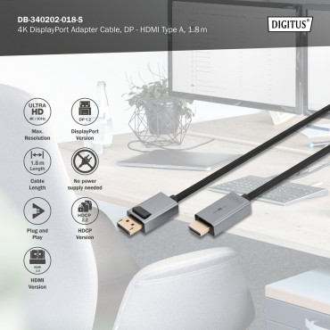 Digitus 4K DisplayPort Adapter Cable, DP - HDMI Type A | DB-340202-018-S | 1.8 m