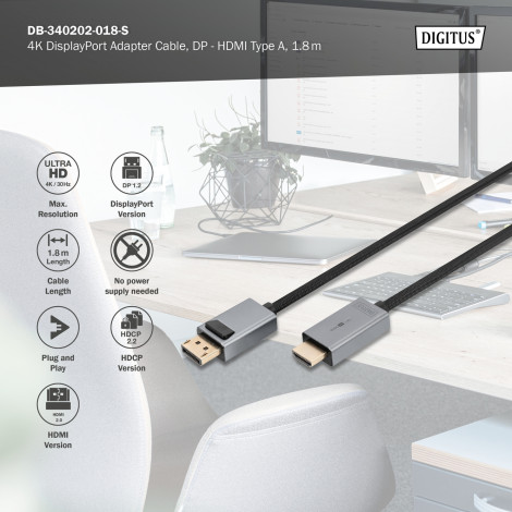 Digitus 4K DisplayPort Adapter Cable, DP - HDMI Type A | DB-340202-018-S | 1.8 m