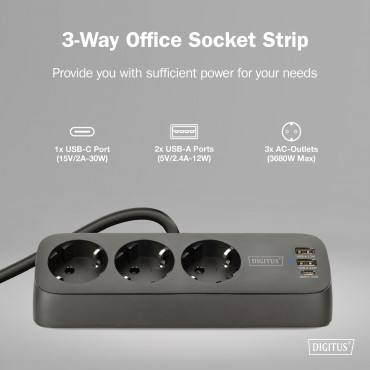 Digitus 3-way office socket strip with 2x USB-A and 1x USB-C connections | DA-70625