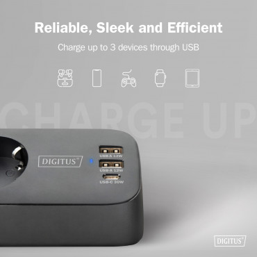 Digitus 3-way office socket strip with 2x USB-A and 1x USB-C connections | DA-70625
