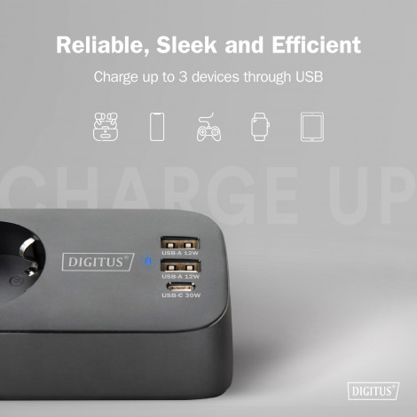 Digitus 3-way office socket strip with 2x USB-A and 1x USB-C connections | DA-70625