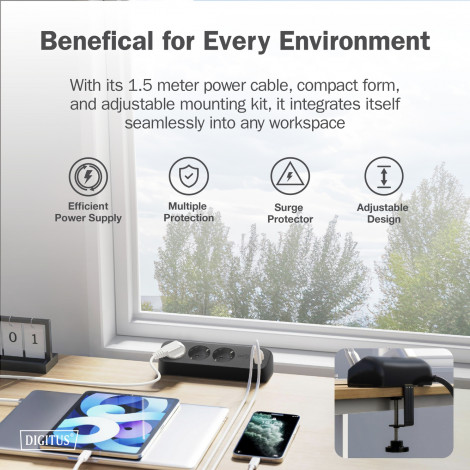 Digitus 3-way office socket strip with 2x USB-A and 1x USB-C connections | DA-70625