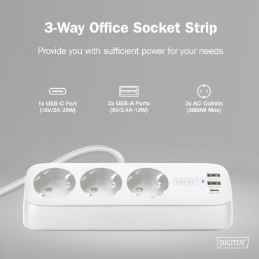 Digitus 3-way office socket strip with 2x USB-A and 1x USB-C connections | DA-70626