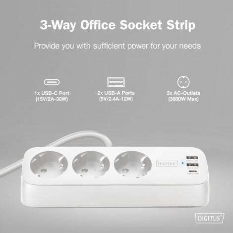 Digitus 3-way office socket strip with 2x USB-A and 1x USB-C connections | DA-70626