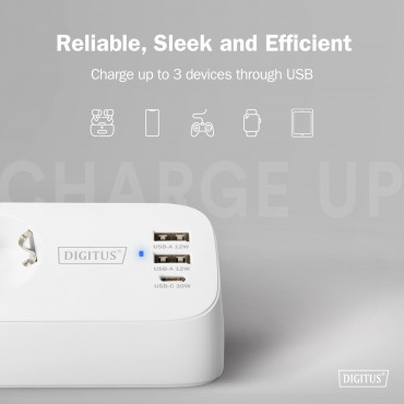 Digitus 3-way office socket strip with 2x USB-A and 1x USB-C connections | DA-70626
