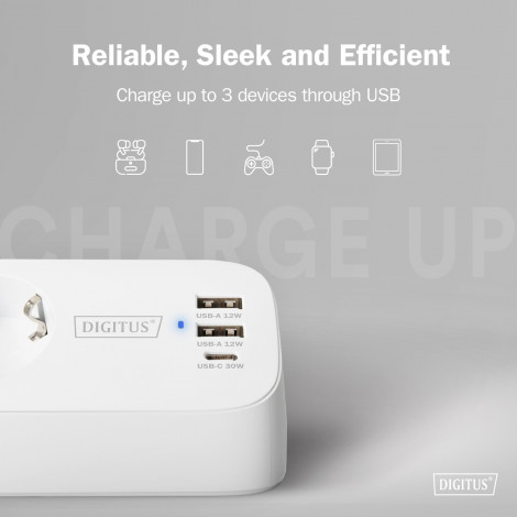 Digitus 3-way office socket strip with 2x USB-A and 1x USB-C connections | DA-70626