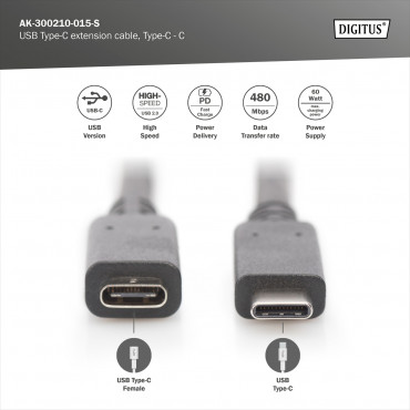 Digitus USB Type-C extension cable, Type-C - C | AK-300210-015-S