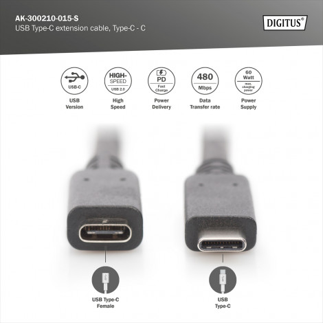 Digitus USB Type-C extension cable, Type-C - C | AK-300210-015-S