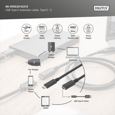 Digitus USB Type-C extension cable, Type-C - C | AK-300210-015-S