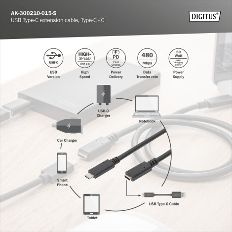 Digitus USB Type-C extension cable, Type-C - C | AK-300210-015-S