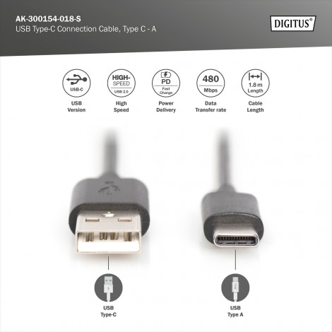 Digitus USB Type-C connection cable, Type USB-A to USB-C | AK-300154-018-S