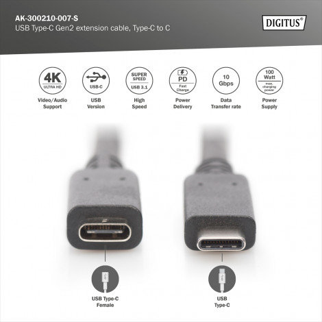 Digitus USB Type-C Gen2 extension cable, Type-C to C | AK-300210-007-S