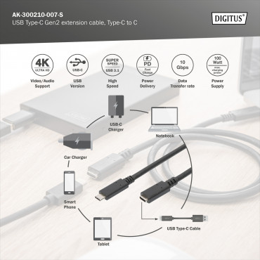 Digitus USB Type-C Gen2 extension cable, Type-C to C | AK-300210-007-S