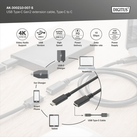 Digitus USB Type-C Gen2 extension cable, Type-C to C | AK-300210-007-S