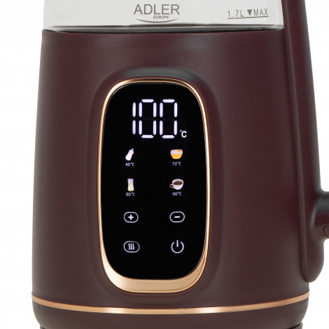 Adler Kettle with LED Display | AD 1305 | Electric | 2200 W | 1.7 L | Plastic | 360 rotational base | Burgundy