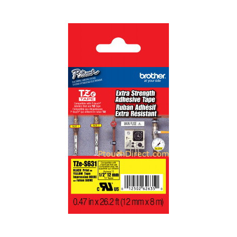 Brother | TZe-S631 Strong Adhesive Laminated Tape | Black on Yellow | TZe | 8 m | 1.2 cm
