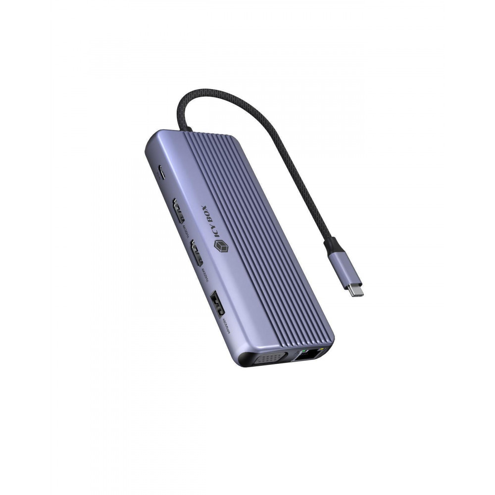 Icy Box Travel Dock 12-in-1, 3x Videoausgabe (2x HDMI + 1x VGA)