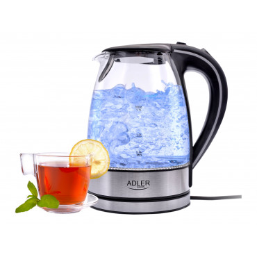 Adler | Kettle | AD 1225 | Standard | 2000 W | 1.7 L | Glass | 360 rotational base | Transparent/Stainless steel