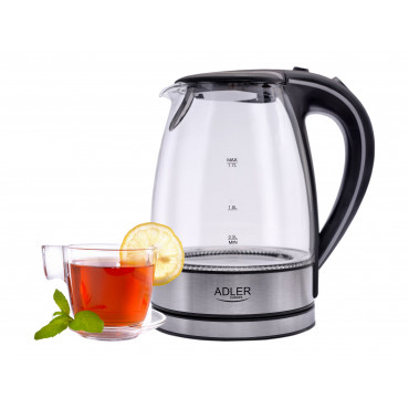 Adler | Kettle | AD 1225 | Standard | 2000 W | 1.7 L | Glass | 360 rotational base | Transparent/Stainless steel
