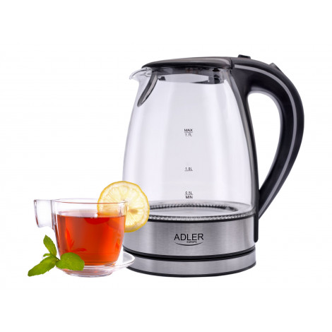 Adler | Kettle | AD 1225 | Standard | 2000 W | 1.7 L | Glass | 360 rotational base | Transparent/Stainless steel