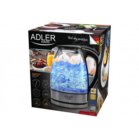 Adler | Kettle | AD 1225 | Standard | 2000 W | 1.7 L | Glass | 360 rotational base | Transparent/Stainless steel