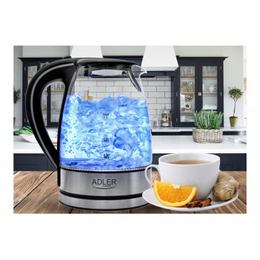 Adler | Kettle | AD 1225 | Standard | 2000 W | 1.7 L | Glass | 360 rotational base | Transparent/Stainless steel
