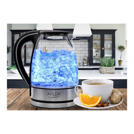 Adler | Kettle | AD 1225 | Standard | 2000 W | 1.7 L | Glass | 360 rotational base | Transparent/Stainless steel