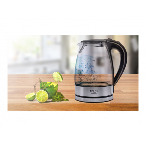 Adler | Kettle | AD 1225 | Standard | 2000 W | 1.7 L | Glass | 360 rotational base | Transparent/Stainless steel