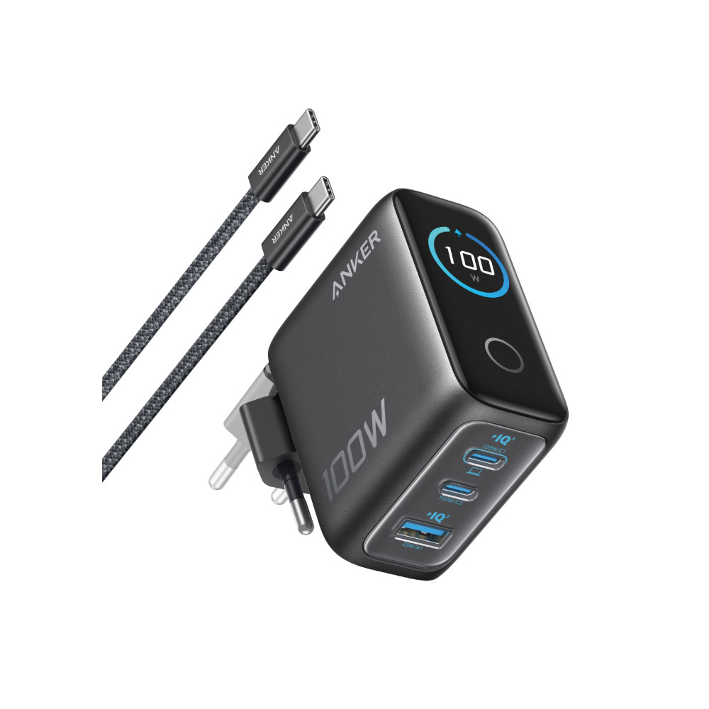 Anker Charger (100W, 3 Ports, Smart Display) with USB-C Cable