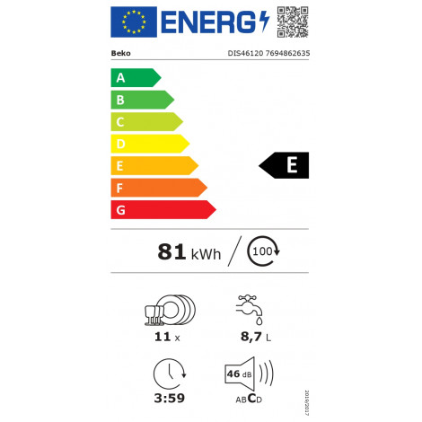 BEKO Dishwasher | DIS46120 | Built-in | Width 45 cm | Number of place settings 11 | Number of programs 6 | Energy efficiency cla