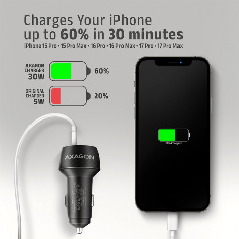 AXAGON Car charger 48W, USB-A + USB-C, PD3.0/PPS/QC4+/SFC | PWC-PQ48