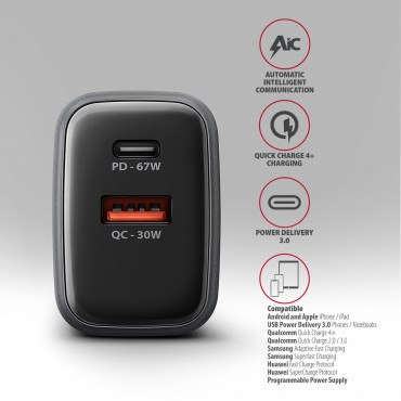 AXAGON Wall charger 67W, USB-A + USB-C, PD3.0/PPS/QC4+/SF | ACU-PQ67D